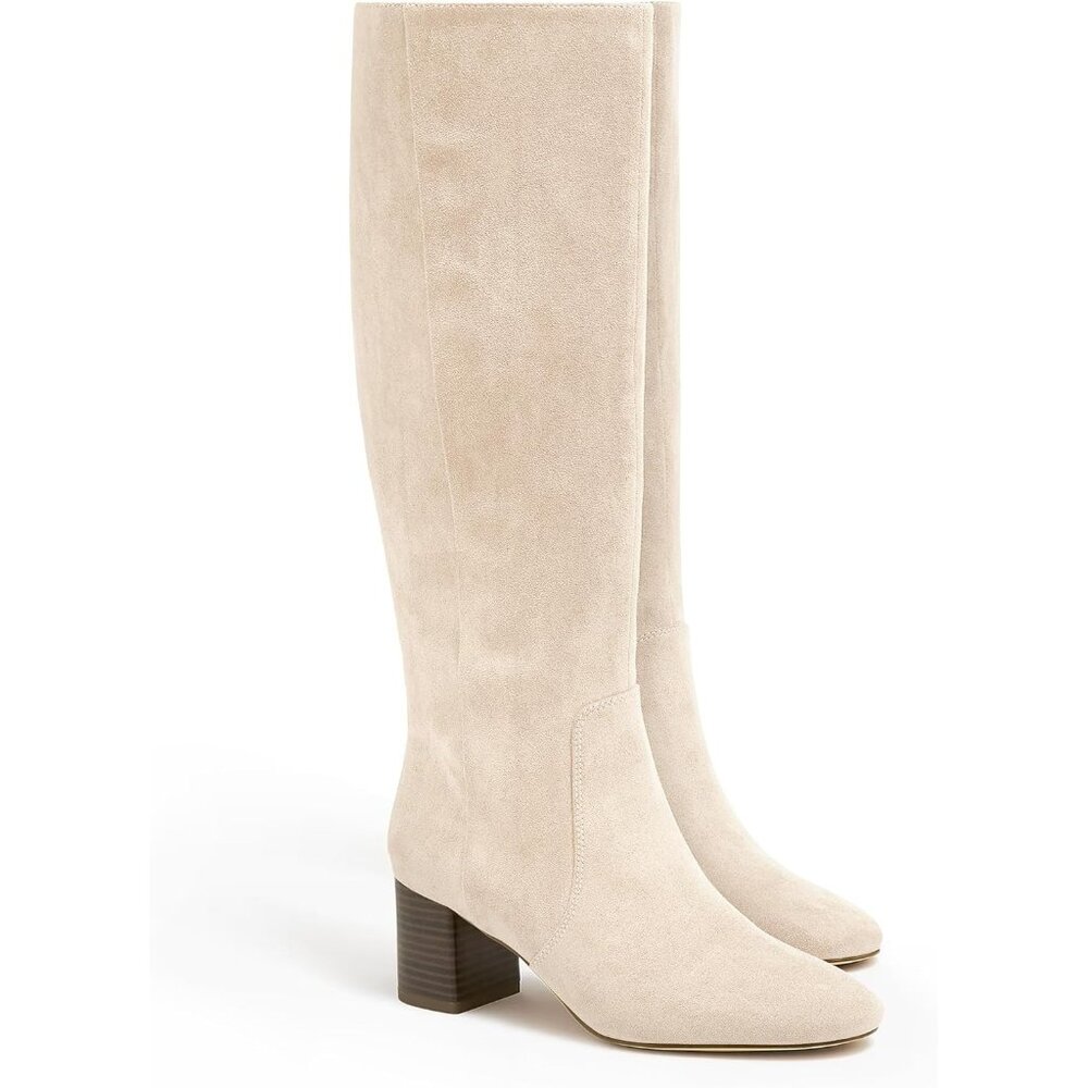 Women's Beige Chunky Heel Knee High Boots Suede Round Toe Fall Winter Tall